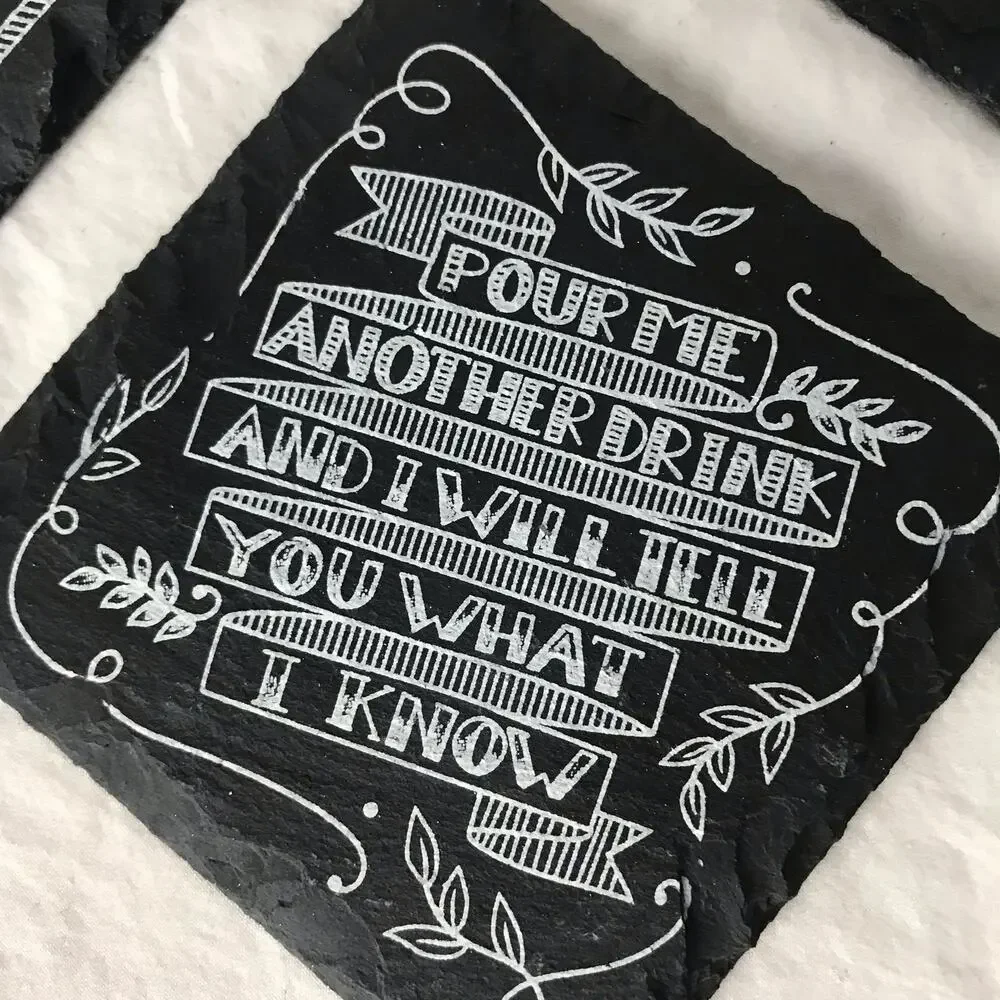Set of 4 Black Slate Wine Barware Coasters Novelty Print Sayings With Felt Pads
